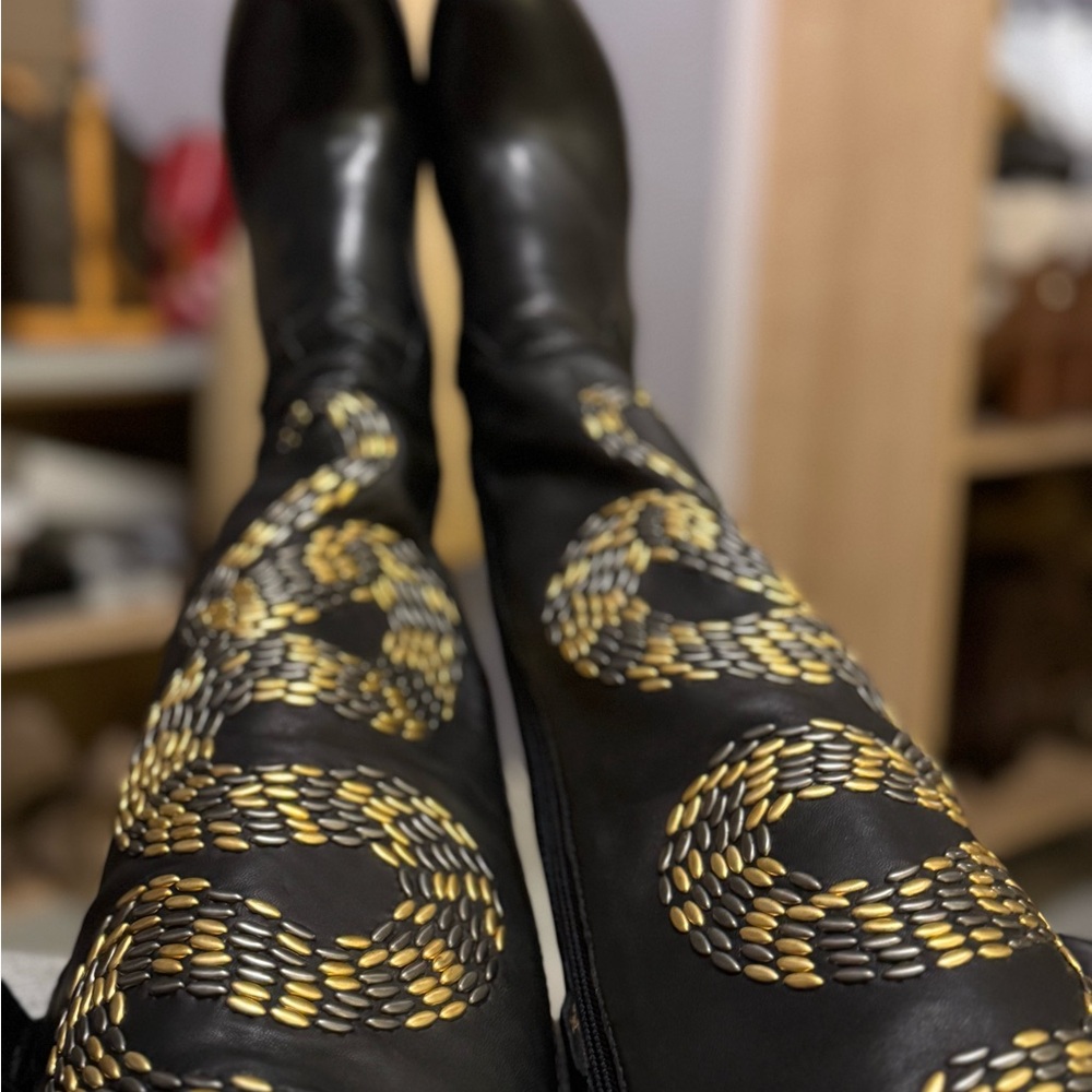 Thomas Wylde Black Leather Snake Embroidered OTK Boots — Size 6.5 - Picture 14 of 16